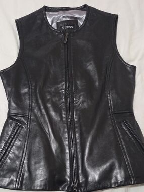 GUESS Black Leather Sleeveless Zip Vest